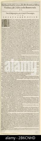 Belagerung und Einnahme von den Bosch durch Friedrich Henry, 1629 (Textblatt) Tekstblad bij de Grote kaart van de omsingeling van den Bosch tijdens het belag door het Staatse leger onder Frederik Hendrik, van 1 mei tot 17. september 1629. Geheel bestaande uit 4 platen en 4 tekstbladen. Tekstblad in het Nederlands met een beschrij van de belegering en verovering van de stad. Bovenaan twee regels in het Latijn. Hersteller: Uitgever: Cornelis Danckerts (I) (vermeld op object)landmeter: Jan Cornelis van Rodenburgh (vermeld op object)schrijver: Petrus Scriverius (vermeld op object)verlener van privilege: Stockfoto