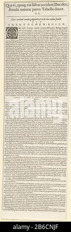 Belagerung und Einnahme von den Bosch durch Friedrich Henry, 1629 (Textblatt) Tesktblad bij de Grote kaart van de omsingeling van den Bosch tijdens het belag door het Staatse leger onder Frederik Hendrik, van 1 mei tot 17. september 1629. Geheel bestaande uit 4 platen en 4 tekstbladen. IT is a longer of the centre of the Nederlands met een beschrij van de historie van de stad. Bovenaan twee regels in het Latijn. Hersteller: Uitgever: Cornelis Danckerts (I) (vermeld op object)landmeter: Jan Cornelis van Rodenburgh (vermeld op object)schrijver: Petrus Scriverius (vermeld op object)verlener van privilege: Staten-Gener Stockfoto