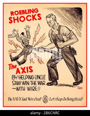 Die Propaganda-Arbeit von WW2 American Cartoon aus den 40er Jahren des vergangenen Jahrhunderts "ROEBLING SCHOCKS" Die ACHSE, indem sie Onkel Sam dabei half, den Krieg zu gewinnen - mit Draht!! Mit einer Hitler-Hiro-Karikatur mit Elektroschocks im zweiten Weltkrieg WW2 Stockfoto