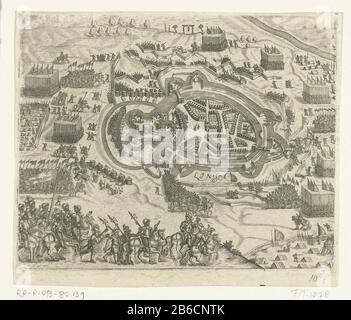 Belagerung und Eroberung Lingens, 1597 Belagerung und Eroberung Lingens durch die Armee der Staaten unter Prinz Maurice, 12. november 1597. Plan der Stadt mit den Stellungen der belagernden Truppen, im Vordergrund eine Pferdeprozession. Ohne die Unterschrift von vier Zeilen in lateinischer und numerischer Sprache. Auf der Rückseite mit Text in Latijn abgedruckt. Hersteller: Druckmaschine: Anonym zu drucken von: Bartholomeus Willemsz. DolendoPlaats Herstellung: Nordniederland Datum: 1613 - 1615 Physikalische Eigenschaften: Engra-Material: Papiertechnik: Engra (Druckverfahren) Messungen: Plattenkante: H 130 mm × W 16 Stockfoto