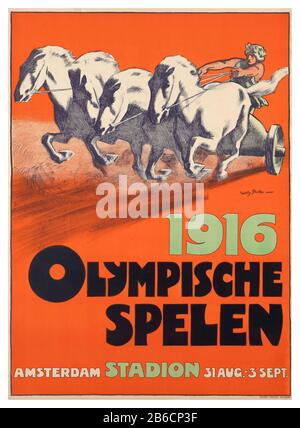Plakat der Olympischen Spiele im Alter von 16 Jahren * ABGESAGT WEGEN DES WELTKRIEGS 1* Amsterdam Stadium Holland vom 31. August bis 3. September OLYMPISCHE SPELEN, Farblithograph, von Druskerij Senefelder, Amsterdam, Künstler Willem (Jan Willem) Sluiter (1873-1949) Stockfoto