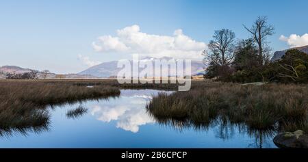 Ein Panorama-Panorama mit Blick nach Norden über Derwent Water zu den schneebedeckten Gipfeln. Stockfoto