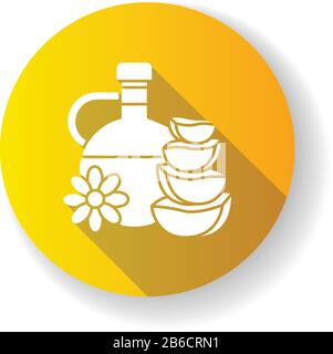 Naturöl gelb flaches Design langer Schatten Glyphe Symbol. Pflanzliche Essenz. Geblümte Flüssigkeit für Hautpflege. Aloe vera Saft im Glasbecher. Heilkräuter Stock Vektor