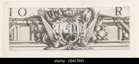 Belagerung von La Rochelle, September 1627-Oktober 1628 (Edge ​​work, Teil oben Mitte) Sechzehnter Teil (Edge ​​work, Teil oben Mitte) eines Bildes der Belagerung der Hugenottenhochburg La Rochelle in den Jahren 1627 und 1628, Die vom französischen König unter Führung von Kardinal Richelieu in Auftrag gegeben wurde. Auf diesem Blatt ist ein Porträt des Ovals Ludwig XIII. Mit Randschrift, umgeben von einem Kranz und militärischen Attributen. Links oben, die Buchstaben "IO" und rechts oben ein großes "R", Teile der Überschrift des Mieters. Hersteller : Druckhersteller: Michel Lasne Druckautor: Abraham Boss Place Manual Stockfoto