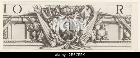 Belagerung von La Rochelle, September 1627-Oktober 1628 (Edge ​​work, Teil oben Mitte) Sechzehnter Teil (Edge ​​work, Teil oben Mitte) eines Bildes der Belagerung der Hugenottenhochburg La Rochelle in den Jahren 1627 und 1628, Die vom französischen König unter Führung von Kardinal Richelieu in Auftrag gegeben wurde. Auf diesem Blatt ist ein Porträt des Ovals Ludwig XIII. Mit Randschrift, umgeben von einem Kranz und militärischen Attributen. Links oben, die Buchstaben "IO" und rechts oben ein großes "R", Teile der Überschrift des Mieters. Hersteller : Druckhersteller: Michel Lasne Druckautor: Abraham Boss Place Manual Stockfoto
