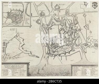 Belag van Oostende, 1601-1604 Ostende wurde von Albert und Isella (titel op object) belagert und gefangen genommen, dass (titel op object) die Belagerung von Ostende war. Karte der defensiven und angreifenden Linien rund um die Stadt und in der Umgebung, links das Viertel Spinola, rechts Viertel von Erzherzöge Albrecht. Unten an zwei Patronen mit dem Titel und den Legenden A-R und 1-34. Oben links eine Wette mit einer Stadtkarte im Jahr 1641 auf einem Doppelblatt aus dem Cities Book Blaeu, auf der Rückseite mit Text in Latijn abgedruckt. Hersteller: Druckmaschine: Anonymer Ort Herstellung: Nordniederland Datum: 1647 - 1649 Phys Stockfoto
