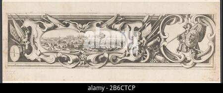 Sechzehnter Teil (Rand ​​work Teil rechts) ein Bild der Belagerung der Zitadelle von Saint Martin in Ile de Re im Jahr 1627, durchgeführt von britischen Truppen unter Führung des Herzog von Buckingham und wurde von französischen Truppen unter Führung von Kardinal Richelieu getötet. Auf diesem Blatt rechts Rüstung und Mitte/links eine Aufführung (von militärischen Attributen umgeben) einer Schlacht zwischen englischen und französischen soldaten. Hersteller : Druckhersteller Jacques Callotprentmaker Abraham Boss zu entwerfen: Charles DelormePlaats Herstellung: Paris Datum: 1629 - 1631 Physische Merkmale: Ätzung und Engra-Material: Papiertechnik: Ätzung/Engraa (Printin Stockfoto