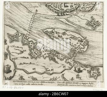 Belagerung von Zutphen durch Leicester, 1586 Belagerung von Zutphen durch die Truppen des Earl of Leicester, September und Oktober 1586 Blick auf Zutphen und die englischen und spanischen Forts entlang des Flusses IJssel. Mit Unterschrift von vier Zeilen in lateinischer Sprache. Nummer 189. Auf der Rückseite mit Text in Latijn abgedruckt. Hersteller : Druckerhersteller Simon Frisiusnaar Bild der französischen Hochschuhherstellung: Nordholland Datum: 1613 - 1615 Physikalische Merkmale: Ätzmaterial: Papiertechnik: Ätzmaße: Blatt: H 136 mm × W 160 mmToelichtingIllustratie von W. Baudartius, Polemographia Auraico-Belgica, Michiel Co Stockfoto