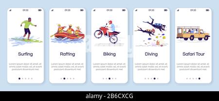 Indonesien Tourismus Onboarding Mobile App Bildschirmvektorvorlage. Aktiver Zeitvertreib. Extreme Aktivitäten. Schritte auf der Website mit flachen Zeichen durchgehen. UX Stock Vektor