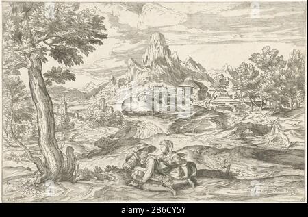 Berglandschaft mit schlängeligen Spielern Opera Selectiora (Serientitel) Berglandschaft im Vordergrund ein bärtiger alter Mann, der Musik mit einem schlürfigen Gurdy macht. Er betrachtet diese junge Frau, die sich den Arm um die Schulter geschlagen hat. In der Ferne befindet sich ein Bach und liegende Häuser. Der Druck ist Teil einer 53-teiligen Druckereiserie für Gemälde von Titian und Veronese. Hersteller : Druckmaschine: Valentin Lefebvre (auf dem Objekt angegeben) zur Zeichnung von: Valentin Lefebvre (auf dem Objekt angegeben) zu einem Entwurf von: Domenico Campagnolanaar-Design: Titian (zurückgewiesene Zuschreibung) Herausgeber: Jacob Stockfoto