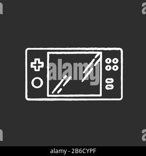 Tragbare Videospielkonsole, kreideweißes Symbol auf schwarzem Hintergrund. Handheld-Gaming-Gadget mit Tasten. Taschengerät zum Spielen. Unterhaltung Stock Vektor