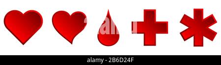 Medizinische Symbole isoliert. Satz roter medizinischer Symbole. Vektorsymbole von Herzen, Tropfen und Kreuzen. Vektorgrafiken. Stock Vektor
