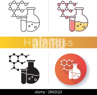 Symbol Chemie. Forschung in Wissenschaft und Medizin. Biochemie und Pharmakologie. Chemische Flüssigkeit in Glaskolben. Proteinmoleküle. Lineares Schwarz und RGB Stock Vektor