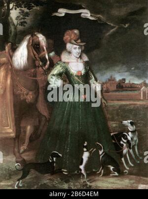 Anne von Dänemark (1574-1619), 1617. Von Paul van Somer I. (c1576-1621). Anne of Denmark (1574-1619), Queen Consort of Scotland, England, and Ireland durch Heirat mit König James VI. Und I. Queen Anne wird im Gelände von Oatlands House (sichtbar in der Ferne), Weybridge, Surrey, England dargestellt. Stockfoto