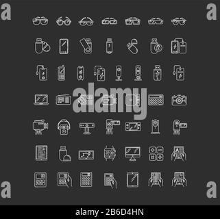 Mobilgeräte kreideweiße Symbole auf schwarzem Hintergrund. Elektronische Geräte. Intelligente Technologie. Smartphone, Computer. E-Reader, Kamera. Kompakt Stock Vektor