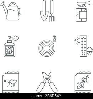 Werkzeuge und Materialien für Gartenarbeiten im Innenbereich Pixel perfekte lineare Symbole gesetzt. Garteninventar, Ausstattung. Anpassbare Kontursymbole mit dünnen Linien. Isoliert Stock Vektor
