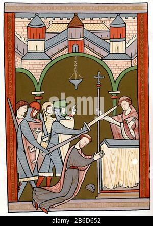 Martyrium des heiligen Thomas, Anfang des 13. Jahrhunderts. MS. Harl 5102 (British Library). Thomas Becket, auch bekannt als Saint Thomas of Canterbury, Thomas of London und Thomas à Becket (c1119-1170). Becket war von 1162 bis zu seiner Ermordung 1170 Erzbischof von Canterbury. Dies ist die erste bekannte Darstellung des Mordes von Thomas Becket in der Kathedrale von Canterbury. Stockfoto