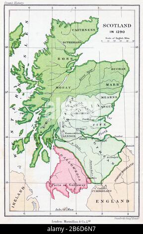 Schottland im Jahr 1290. Eine Karte von Scotalnd im Mittelalter. Stockfoto