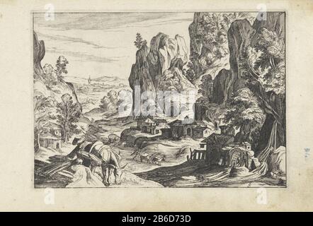 Berglandschaft mit Wassermühlenlandschaften mit Figuren (Serientitel) Blick auf eine Berglandschaft mit einer Wassermühle auf der rechten Seite. Im Vordergrund steht ein Esel mit Hout. Hersteller: Druckmaschine: Anonym zu drucken von: Antonio Tempesta Verlag: Claes Jansz. Visscher (II) Herstellung: Druckmaschine: Der niederländische Verleger: Amsterdam Datum: 1612 - 1652 Physikalische Eigenschaften: Engra-Material: Papiertechnik: Engra-Messungen (Druckverfahren): Plattenkante: H 128 mm × W 182 mm Betreff: Wassermühle im Landschaftsbild, Vergeass, Esel Stockfoto