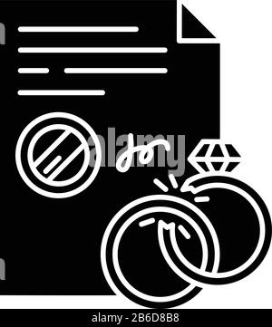 Scheidungs-Symbol für schwarze Glyphe. Formales Ende der Ehe. Rechtliche Trennung. Die Auflösung der Ehe. Aufbruch. Notariatsdienste. Apostille. Silhouettensymbol ein Stock Vektor