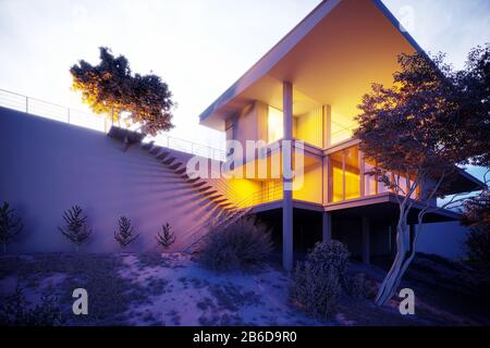 3D-Rendering von Luxus-Villa-Haus in der Nacht Stockfoto