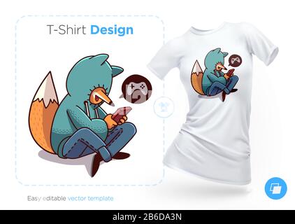 Fox in Hoodie mit T-Shirt-Design für mobiles Spiel. Druck für Kleidung, Poster oder Souvenirs. Vektor Stock Vektor