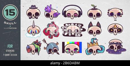 Buntes Totenkopf-Set. Drucken Sie auf T-Shirts, Sweatshirts, Taschen für Mobiltelefone, Souvenirs. Vektor Stock Vektor