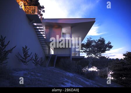 3D-Rendering von Luxus-Villa-Haus in der Nacht Stockfoto