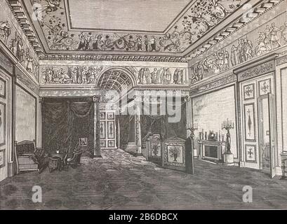 Schlafzimmer des russischen Kaiser Alexander I. im Petersburger Winterpalast. Gravur des 19. Jahrhunderts. Stockfoto