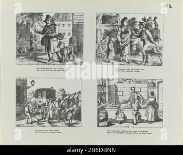 Berufen Meijers Drucke (Serientitel) Leaf mit vier Darstellungen von Berufen, wo: Unter Musiker, Händler, Fleiß-(Wagen-)Fahrer und Lebensmittelgeschäft. Unter jedem Bild eine zweizeilige Verse. Oben rechts nummeriert: Nr. 8. Hersteller : Herausgeber: De Ruyter & Meijer Druckautor: Anonymer Ort Herstellung: Amsterdam Datum: 1873 Physische Merkmale: Lithographisches und textdruckendes Material: Papiertechnik: Lithographie (Technik) / Druckformate: Blatt: H 341 mm × W 430 mm Betreff: Handwerk und Industriehändler, Verkäufer Musiker Straße - Händler Stockfoto