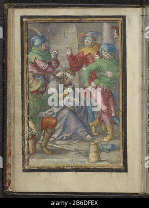 Spotterische Passion Christi (serietitel) Spottende Passion Christi (Serientitel) Eigenschaft Typ: Seite drucken Artikelnummer: RP-P-2011-115-4Catalogusreferentie: New Hollstein Dutch 47-1 (3) Beschreibung: Der blindgefaltete Christus wird von vier Männern verspottet. Im Vordergrund ein Glas. Dieser Druck ist Teil eines handschriftlichen Gebedenboeks. Hersteller: Druckmaschine: Lucas van Leyden (denkmalgeschütztes Gebäude) in seinem Entwurf: Lucas van Leyden Herstellung: Leiden Datum: 1521 Körperliche Merkmale: Engra-Hand in Rot, Blau, Grün, Gelb und Braun, mit Gold erhöht, auf Pergament montiert und mit Bilderrahmen versehen Stockfoto