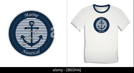Druck auf T-Shirt-Grafik, marinesoundes Logo mit Anker und Seil, isoliert auf weißem Hintergrundvektor Stock Vektor