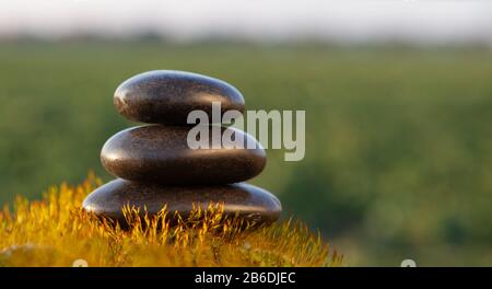 Stapel von Zen-Steinen auf Naturhintergrund. Stockfoto