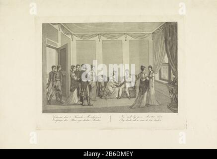 Besuch der Königin des verwundeten Prinzen von Orange, 1815 Verletzt durch 't French Murder Rifle (Titelobjekt) die Königin Wilhelmina von Preßburg besucht Brüssel ihren Sohn George William Frederick, Prinz von Orange, der bei der Schlacht von Waterloo am 18. Juni 1815 verletzt wurde. Im tiefgestellten eine vierzeilige Versform. Siehe auch Handstation. Hersteller: Druckmaschine: Anonymer Ort Herstellung: Niederlande Datum: 1815 Physikalische Merkmale: Aquatint und Ätzmaterial: Papiertechnik: Aquatint / Ätzmaße: Plattenkante: H 277 mm × W 366 mm Betr.: Medizinische Hilfe und Krankenpflege und Krankensalat Stockfoto