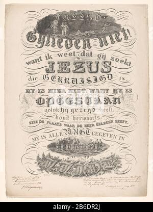 Biblisches Zitat über die Auferstehung Jesu Christi In verzierten Schriftzügen ist ein biblisches Zitat: Matthäus 28:6. Fürchtet Euch nicht! Denn ich weiß, dass ihr Jesus sucht, der gekreuzigt wurde. Er ist nicht hier: Denn er ist auferstanden, wie er sagte. Kommen Sie zur Neubewertung: TS, sehen Sie den Ort, an dem der Herr lag. Ich habe alle Macht im Himmel und auf Erden erhalten. Zwei Marys, ein Engel und ein paar verängstigte Soldaten am leeren Grab. Unterer Christus unter seinen Apostelen. Hersteller: Anonymer (denkmalgeschützter) Druckerhersteller: Verpij (denkmalgeschütztes Eigentum) entworfen von: Berend Jan Oudenampsen (denkmalgeschütztes Gebäude) Drucker: Desquerr Stockfoto