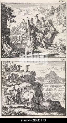 Balaam und der Engel Balaam mit Balak auf den Gipfel des Berges Zwei Darstellungen einer Platte. Oben rechts mit den Nummern 173 und 174. Hersteller : Druckerhersteller Jan Luyken (denkmalgeschütztes Gebäude) Herausgeber: Barent Visscher Verlag: Andries van Damme Herausgeber: Willem de Coup Herausgeber: William of Lamb Feldbau: Amsterdam Datum: 1698 Physikalische Merkmale: Ätzmaterial: Papiertechnik: Ätzmaße: Blatt: H 158 mm × W 89 mmToelichtingIllustratie von: Joseph Flavius. XX. Bücher der alten Geschichte der Juden, 4 Teile. Amsterdam: Barent Visscher, Willem de Coup, Willem van Stockfoto