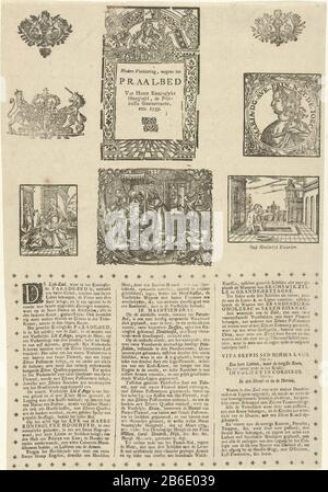 Journal über das Staatsbett von Prinzessin Anne, 1759 Erklärung Weiter, denn der Pomp-Beed Von Haare Koninglyke Hoheit der Fürstlichen Regierung usw. 1759 (Titelobjekt) Leaf mit drei Spalten, die den Paraderaum und das Staatsbett Beschreiben, Wo: Die am 12. Januar 1759 verstorbene Prinzessin Anna van Hannover ist im Februar für ein paar Tage angelegt. Die obere Hälfte des Blattes sind acht alte Holzschnitte mit verschiedenen Themen wie Geburt und einige biblische scènes. Hersteller : Drucker: Barend Koene (I) (zugeordnet zu) Ort Herstellung: Amsterdam Datum: 1759 Physische Merkmale: Holzschnitt Witz Stockfoto