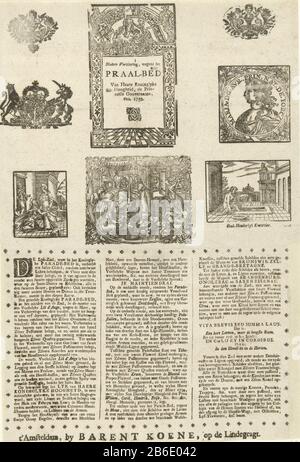 Journal über das Staatsbett von Prinzessin Anne, 1759 Erklärung Weiter, denn der Pomp-Beed Von Haare Koninglyke Hoheit der Fürstlichen Regierung usw. 1759 (Titelobjekt) Leaf mit drei Spalten, die den Paraderaum und das Staatsbett Beschreiben, Wo: Die am 12. Januar 1759 verstorbene Prinzessin Anna van Hannover ist im Februar für ein paar Tage angelegt. Die obere Hälfte des Blattes sind acht alte Holzschnitte mit verschiedenen Themen wie Geburt und einige biblische scènes. Hersteller : Drucker: Barend Koene (I) (denkmalgeschütztes Gebäude) Ort Herstellung: Amsterdam Datum: 1759 Physische Merkmale: Holzschnitt w Stockfoto