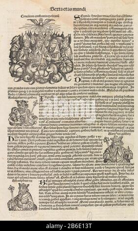 Seite aus der Nürnberger Skull-Chronik, Folio 135V Seite aus der Nürnberger Chronik von Hartmann Schedel gekrönt von einer Darstellung des Zweiten Konzils von Konstantin mit einem papst, Bischofsamt und Kardinälen auf einer Blumen- und Laubenwolke. Der papst hat eine offene Bibel und einen Stab mit Doppelkreuz in den Händen geschlagen. Außerdem der Heilige Geist in Form einer Taube. Unter den gotischen Führern Radegast, Alaric I. und Athaulf. Hersteller : Druckereihersteller Michel Wolgemut (Studio) Druckmaschine: Wilhelm Pleydenwurff (Werkstatt) Compiler: Hartmann Schedel Verlag: Sebald Schrey Out Submitter: Seba Stockfoto