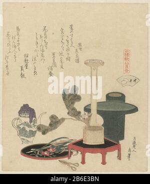 Blumenschale Hanagai EIN Vergleich von Genroku-Gedichten und Muscheln Genroku Kasen Kaiawase Drei Vasen, eine Porzellankanne, Scheren und Blumen und Zweige, mit denen Blumenarrangements (Ikebana) hergestellt werden. Mit drei Gedichten. Die Schale, Auf Die sich der Titel bezieht, ist in der fächerförmigen Kartusche aufgebüllt. Es handelt sich um eine Kopie des Originaldrucks aus dem Jahr 182. Hersteller: Zu drucken von: Katsushika Hokusai (denkmalgeschütztes Gebäude) Dichter Tatsumi no Sato Bikarô (denkmalgeschütztes Gebäude) Dichter Chishundô Fukuyoshi (denkmalgeschütztes Gebäude) Dichter Yomo no Utagaki Magao (denkmalgeschütztes Eigentum) Ort Herstellung: Japan Datum: CA. 1890 - ca. 1900 Physisch ch Stockfoto