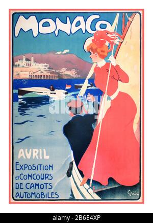 Reisereplakat aus dem Jahr 1900s von Atelier Grun Monaco 1905 Jules-Alexandre Grun (1860-1938) AVRIL Exposition de Concours de Canots Automobile [Ausstellung von Motorbooten] Stockfoto