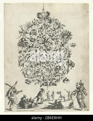 Blumenstrauß aus Zweigen mit Blumen und Blättern Livre de Fleurs und den Feullies pour servir a l'Art d'orfeveri (Serientitel) Mit einer Iris oben Mitte und unten eine Reihe von Figuren an Jacques Callot. Blatt 4 aus der Serie mit 6 Blumensträußen für Gold und Silberschmied. Zweite Erbauung. Hersteller: Druckmaschine: Balthazar Moncornetnaar Design: Francois Lefeburenaar Design: Jacques Callotuitgever: François Langlois (Listed Property) Ort Herstellung: Druckmaschine: Frankreich (möglich) zur Gestaltung: Paris Herausgeber: Paris Datum: Nach 1635 - für 1647 Material: Papiertechnik: Ätzmaße: Blatt: H 2 Stockfoto