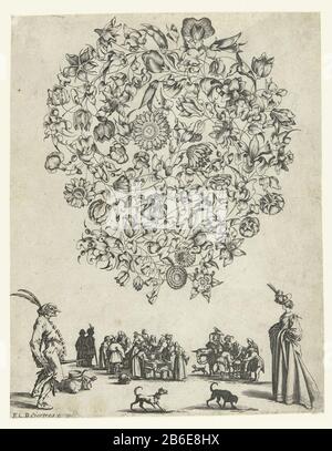 Blumenstrauß aus Zweigen mit Blumen und Blättern Livre de Fleurs und die Feullies pour servir a l'Art d'orfeveri (Serientitel) Mit einer Reihe von Figuren an Jacques Callot und unten zwei Hunde. Blatt 3 außer Serie mit 6 Blumensträußen für Gold und Silberschmied. Zweite Erbauung. Hersteller: Druckmaschine: Balthazar Moncornetnaar Design: Francois Lefeburenaar Design: Jacques Callotuitgever: François Langlois (Listed Property) Ort Herstellung: Druckmaschine: Frankreich (möglich) zur Gestaltung: Paris Herausgeber: Paris Datum: 1610 - 1668 Material: Papiertechnik: Enga (Druckverfahren) Abmessungen: Blatt: H 197 mm × W Stockfoto