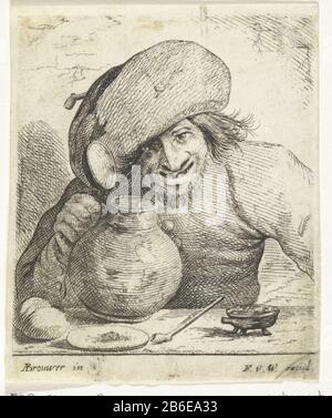 Boer mit einer Dose in der Hand EIN Bauer an einem Tisch, mit einer Dose in der Hand. Er trägt einen Hut, in dem er Pfeife ingestoken hat. Hersteller: Druckmaschine: Frans van den Wijngaerde (zugeschrieben) zur Gestaltung: Adriaen Brouwer (denkmalgeschütztes Gebäude) Herausgeber: Frans van den Wijngaerde (Listed Property) Ort Herstellung: Antwerpen Datum: 1636 - 1679 Physikalische Eigenschaften: Ätzung und Materialengruß: Pergamenttechnik: Ätzung / Engra-Messung (Druckverfahren) Maße: Kante: Pergament: H × 100 mm b 81 mm Betreff: Rohr  Tabak Stockfoto