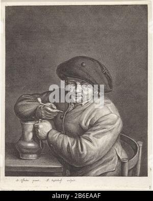 Boer mit Pfeife und Krug in der Hand an einem Tisch sitzt ein Bauer einen Tisch mit Pfeife und Flasche in den Händen. Hersteller: Druckmaschine: Jonas-Suyderhoef (denkmalgeschütztes Objekt) zum Malen: Adriaen van Ostade (Objektliste) Herstellung: Haarlem dating: CA. 1623 - 1686 Physikalische Merkmale: Engra-Material: Papiertechnik: Engra-Messungen (Druckverfahren): Plattenkante: H 220 mm × W 178 mm Betreff: Rohr  Tabakkojar, Kanne (als Trinkgefäß verwendet) Stockfoto