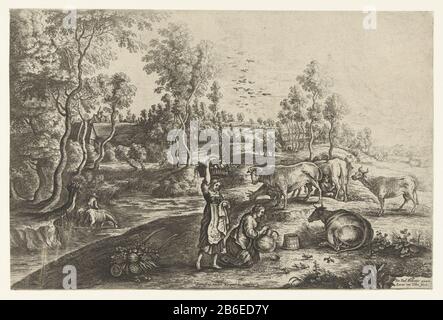 Bauernhof von Laken Landschaft mit Kühen und zwei Bauern, einer mit einem Korb Gemüse, der andere mit einem Kruik. Hersteller: Druckmaschine: Lucas van Uden (denkmalgeschütztes Eigentum) zum Gemälde von Peter Paul Rubens (denkmalgeschütztes Gebäude) Herausgeber: Frans van den Wijngaerde (auf dem Objekt angegeben) Ort Herstellung: Niederlande Datum: 1617 - 1673 Physikalische Eigenschaften: Ätzung und Engra-Material: Papiertechnik: Ätzung/Engra-Messung (Druckverfahren) Maße: Blatt: H 193 mm × W 289 mmToelichtingNaar ein Gemälde von Rubens aus den Jahren 1617 - 1618, jetzt Royal Collection, Londen. Betrifft: Landwirte - AA - weibliche Bäuerin Stockfoto