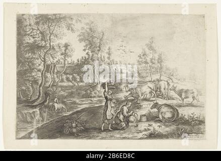 Bauernhof von Laken Landschaft mit Kühen zwei Bauern, einer mit einem Korb Gemüse, der andere mit einem Kruik. Hersteller: Druckmaschine: Lucas van Uden (denkmalgeschütztes Eigentum) zum Gemälde von Peter Paul Rubens (denkmalgeschütztes Gebäude) Herausgeber: Frans van den Wijngaerde (denkmalgeschütztes Gebäude) Ort Herstellung: Niederlande Datum: 1617 - 1673 Physikalische Merkmale: Ätz- und Engra-Material: Papiertechnik: Ätzung / Engras (Druckverfahren) Abmessungen: Plattenkante: H 200 mm × W 299 mmToelichtingNaar ein Gemälde von Rubens von 1617 bis 1618, heute Royal Collection, London. Betrifft: Landwirte - AA - weibliche Bäuerin, Bauern-Wi Stockfoto