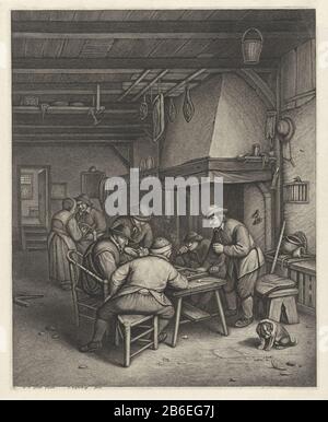 Boereninterieur mit Triktrakspellers Farmers spielen Backgammon oder Backgammon auf einem Tisch mit Kamin. Rechts im Vordergrund ein Hund. Im Hintergrund ein Mann und ein Vrouw. Hersteller: Druckmaschine: Jonas-Suyderhoef (denkmalgeschütztes Objekt) zum Malen: Adriaen van Ostade (denkmalgeschütztes Objekt) Herstellung: Haarlem dating: CA. 1623 bis 1686 und/oder 1726 - 1776 Physische Merkmale: Engra-Material: Papiertechnik: Engra-Messungen (Druckverfahren): Plattenkante: H 345 mm × W 280 mm Betreff: Backgammon, Tric-Tracpipe  tobaccodogopen Herd, Feuerstelle Stockfoto