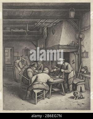 Innen mit Triktrakspelern Boer Farmers spielen Backgammon oder Backgammon an einem Tisch mit Kamin. Rechts im Vordergrund ein Hund. Im Hintergrund ein Mann und ein Vrouw. Hersteller: Druckmaschine: Jonas-Suyderhoef (denkmalgeschütztes Objekt) zum Malen: Adriaen van Ostade (denkmalgeschütztes Objekt) Herstellung: Haarlem dating: CA. 1623 - 1686 Physikalische Merkmale: Fahrzeugmaterial: Papiertechnik: ENGRAA (Druckverfahren) Abmessungen: Plattenkante: H 340 mm × W 279 mm Betreff: Backgammon, Backgammon Tracpipe  tobaccodogopen Hearth, Fire-place and right Stockfoto