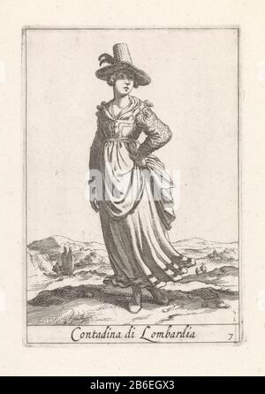Landschaft mit Bauernfrau, gekleidet in Mode aus der Lombardei, Italien. Die Bäuerin hält kurz und bündig aus und zeigt ihre linke Hand auf ihrer Schürze. Sie trägt ein Kleid mit geschnürtem Oberteil und einem großen Strohhut. Der Druck ist Teil einer zwölfteiligen Druckserie mit italienischen Kostuums. Hersteller: Zu drucken von Pieter Lastman Print Autor: Anonymer Herausgeber: Covens & Mortier Place Manufacturing: Amsterdam Datum: 1720 - 1772Physical Features: Ätzmaterial: Papiertechnik: Ätzmaße: Plattenkante: H 167 mm × b mmToelichtingOpnieuw 114 herausgegeben von Covens und Mortier; wahrscheinlich ursprünglich in Stockfoto